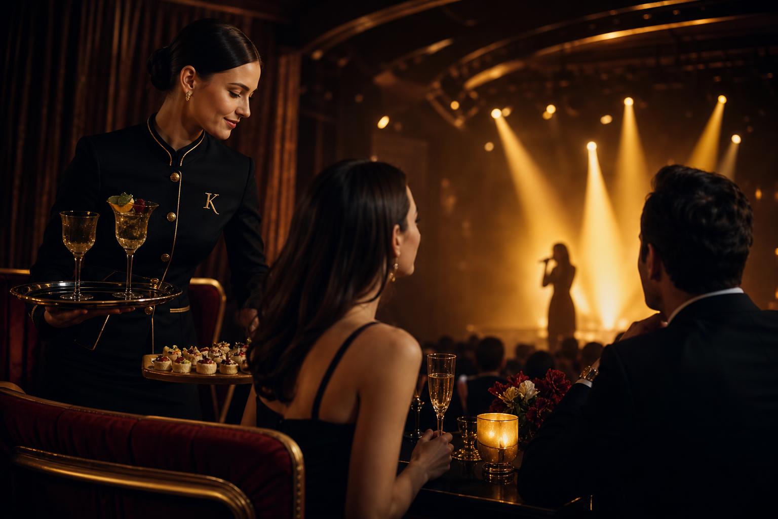 A private server presents premium cocktails and canapés to guests as an artist performs on stage