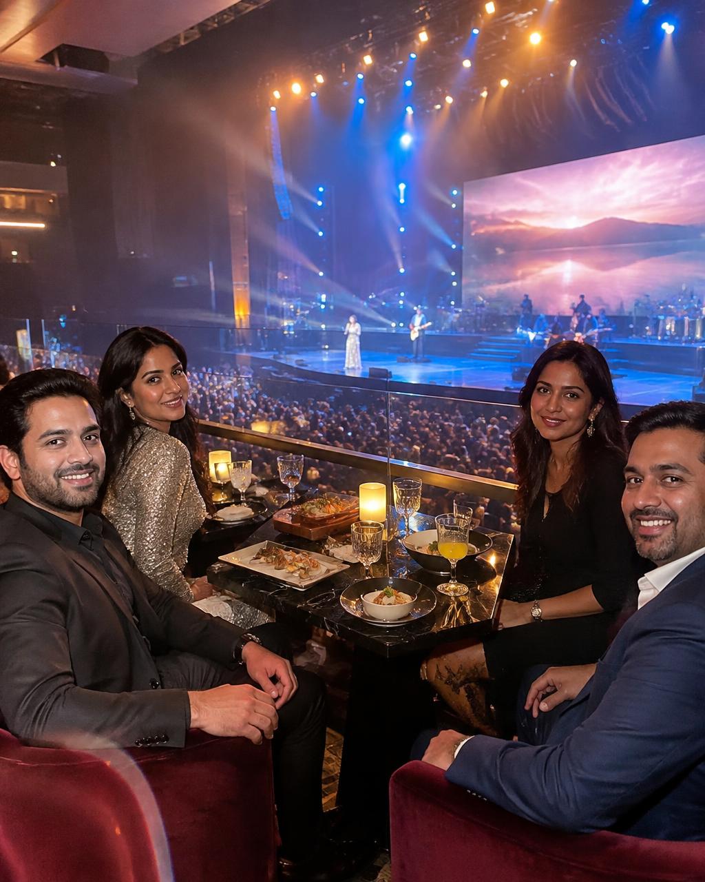 Four guests dine in a private concert box overlooking a brightly lit live stage.